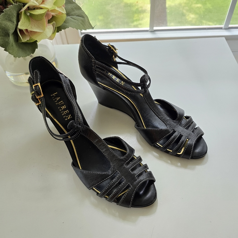 Black Leather Wedge Sandals with Ankle Strap